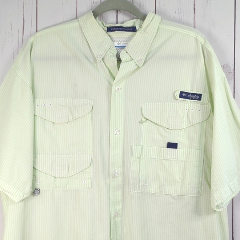 Columbia PFG Super Bonehead Shirt L Men's Green White Striped Casual Omni-Shade